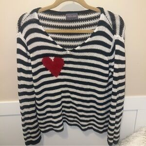 Wooden Ships Amelie Heart Black/White Stripe 3/4 Sleeve Crewneck Sweater